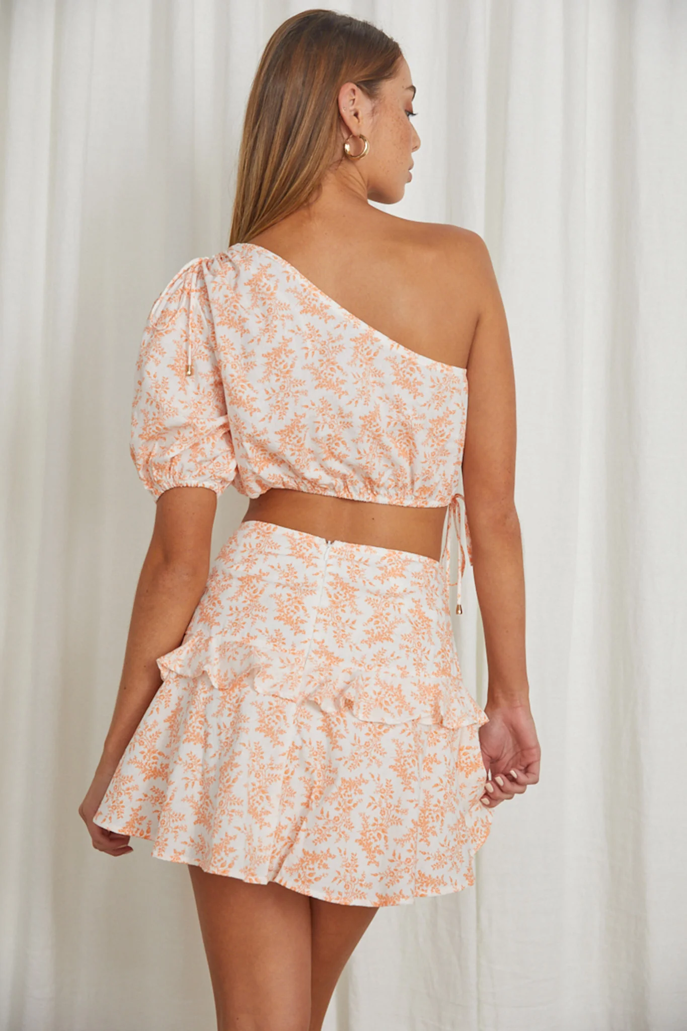 Georgette Frill Trim Skirt Floral Orange - Seraphlike