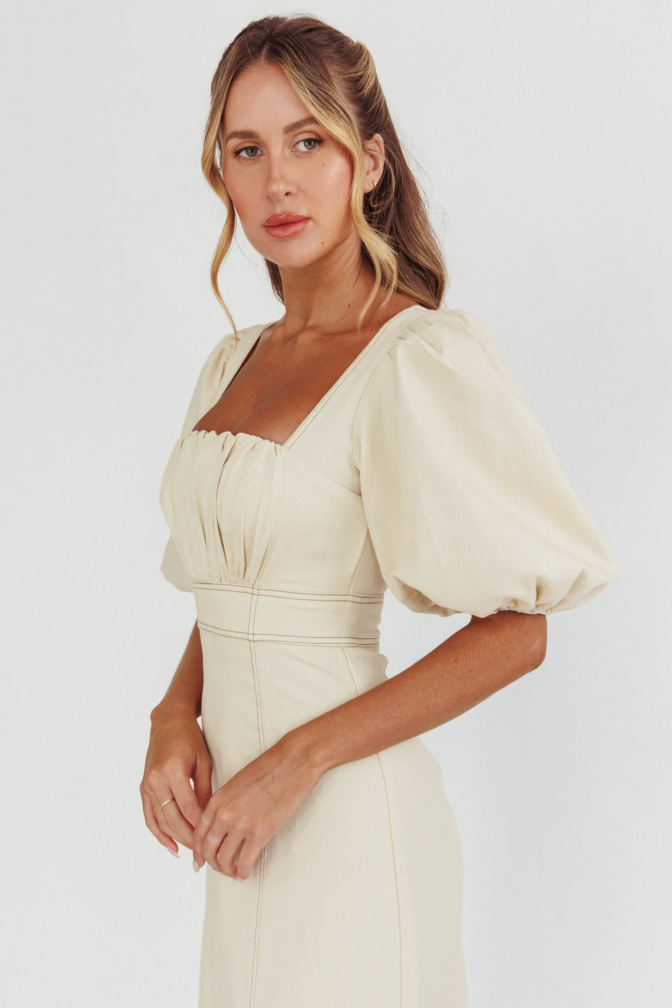 Sibille Puff Sleeve Contrast Stitch Dress Butter - Seraphlike