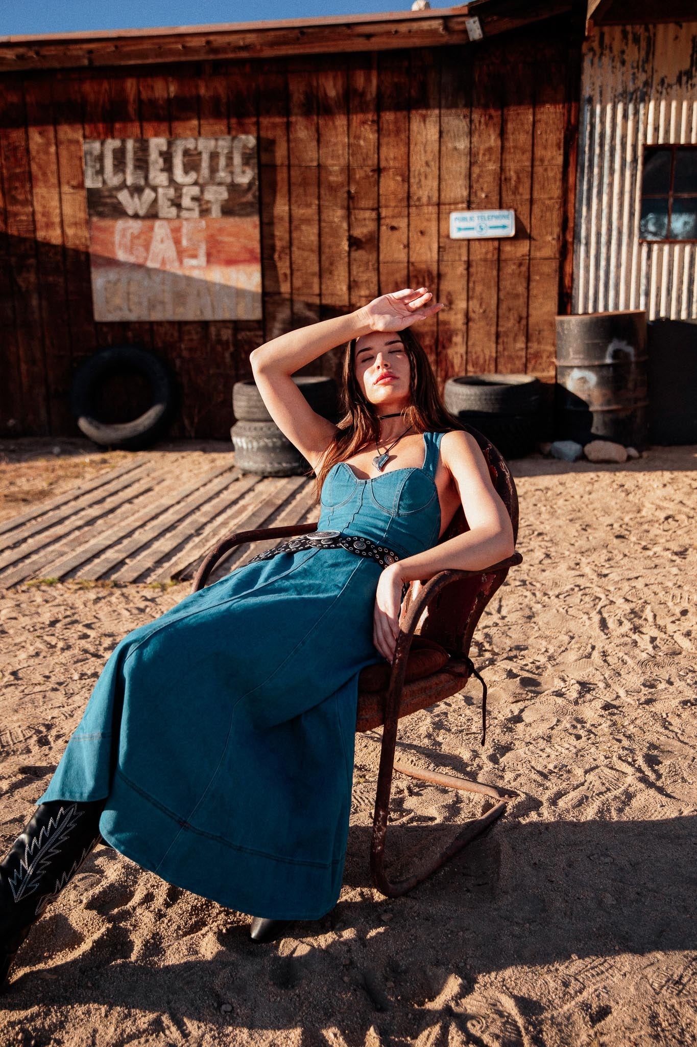 Ellora Criss-Cross Back Denim Maxi Dress Navy - Seraphlike