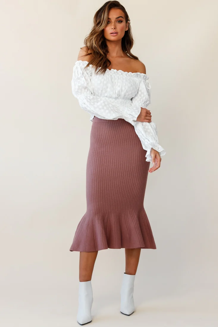 Shalon Ribbed Knit Fluted Hem Midi Skirt Antique Rose - Seraphlike