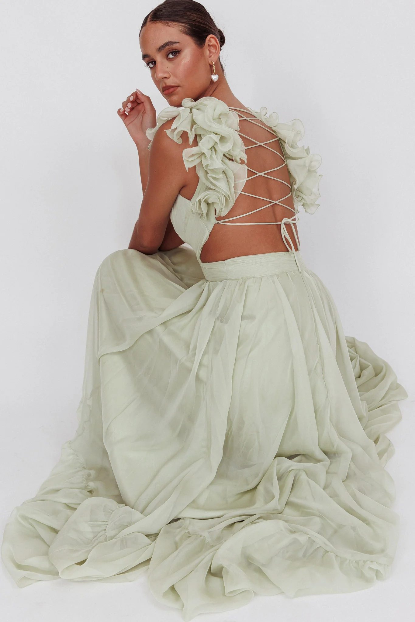 Bellamy Lace-Up Back Ruffle Maxi Dress Sage - Seraphlike