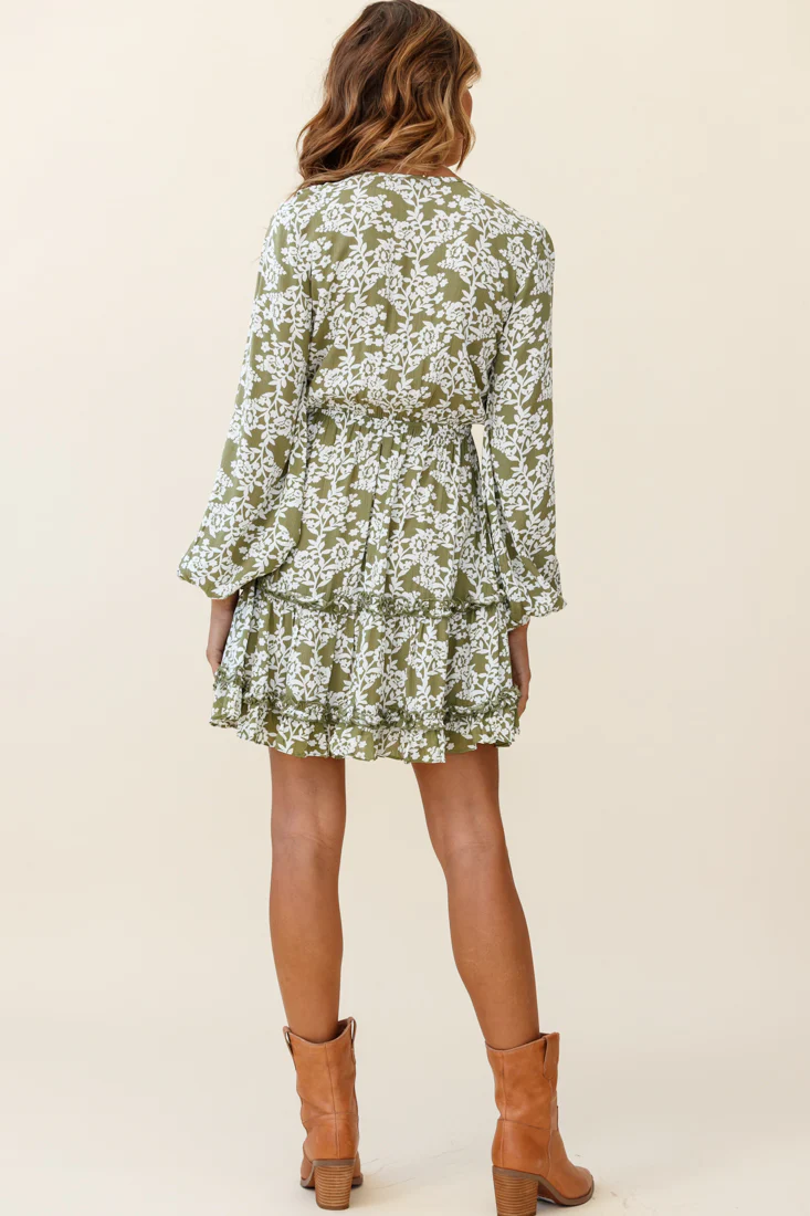 Sunny Daze Long Sleeve Tie-Knot Bust Dress Floral Print Olive - Seraphlike
