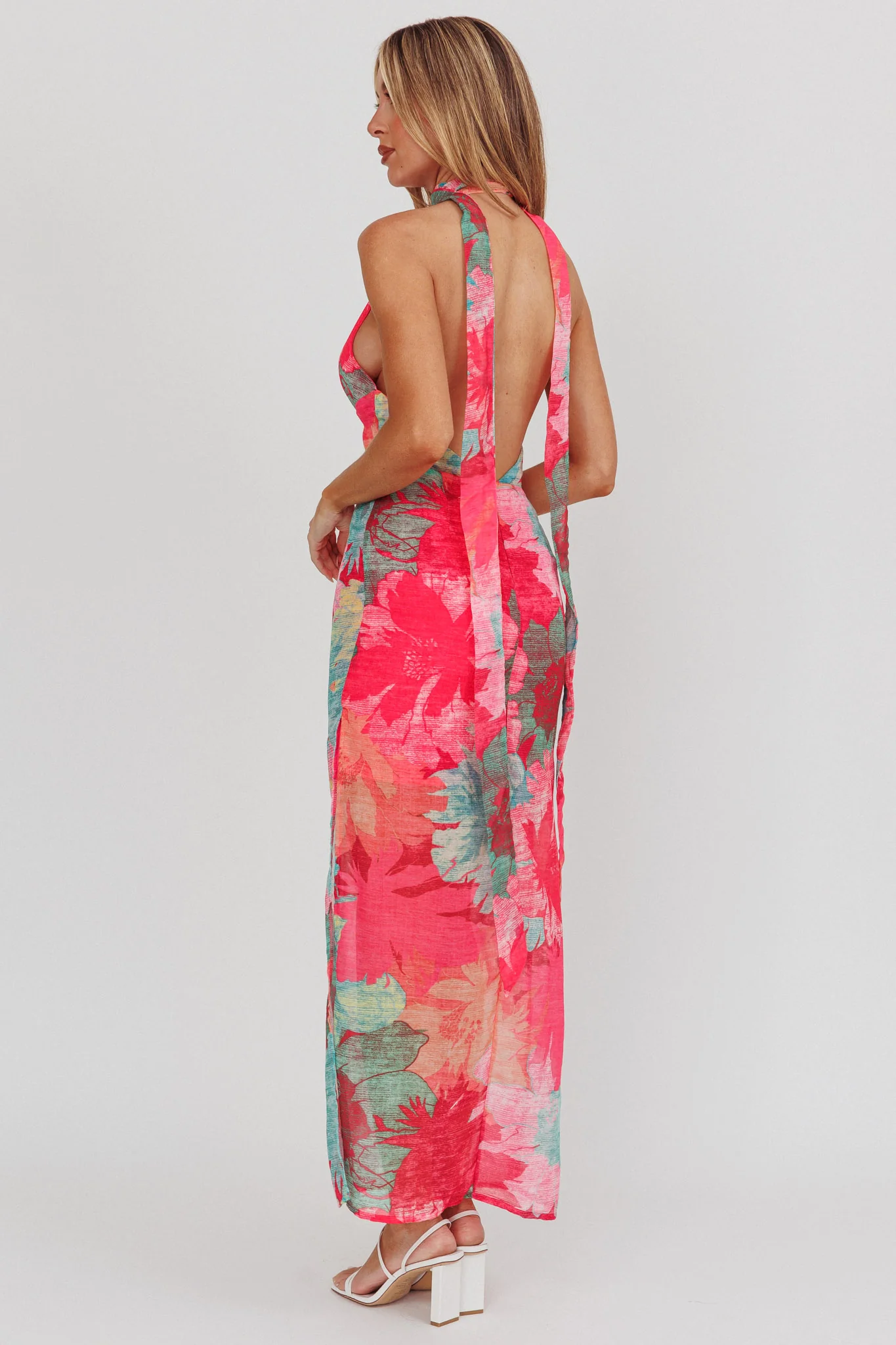 Cipriana Backless Halter Maxi Dress Floral Fuchsia - Seraphlike