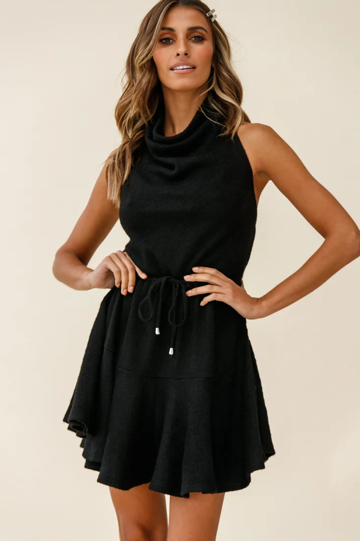 Cosette Cowl Halterneck Knit Dress Black - Seraphlike