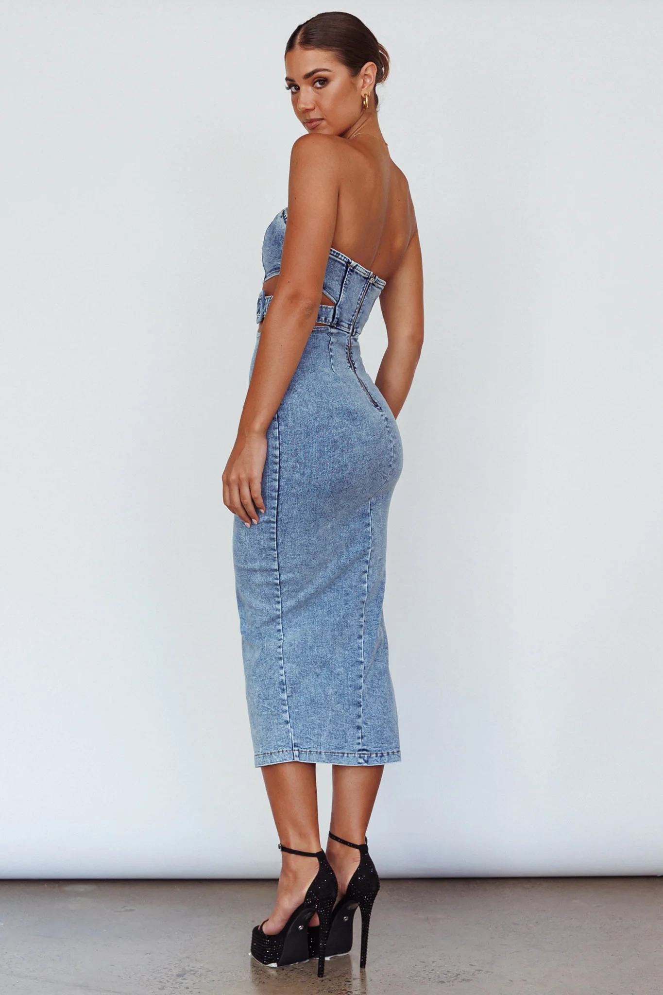 Glisten Cut-Out Buckle Waist Midi Dress Denim Blue - Seraphlike