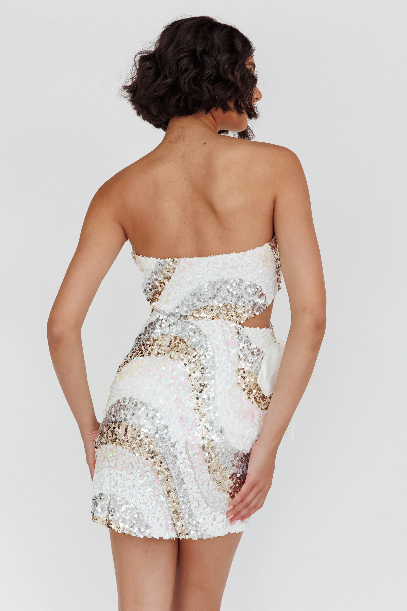 Eyes For You Waist Tie Mini Dress Sequin White - Seraphlike