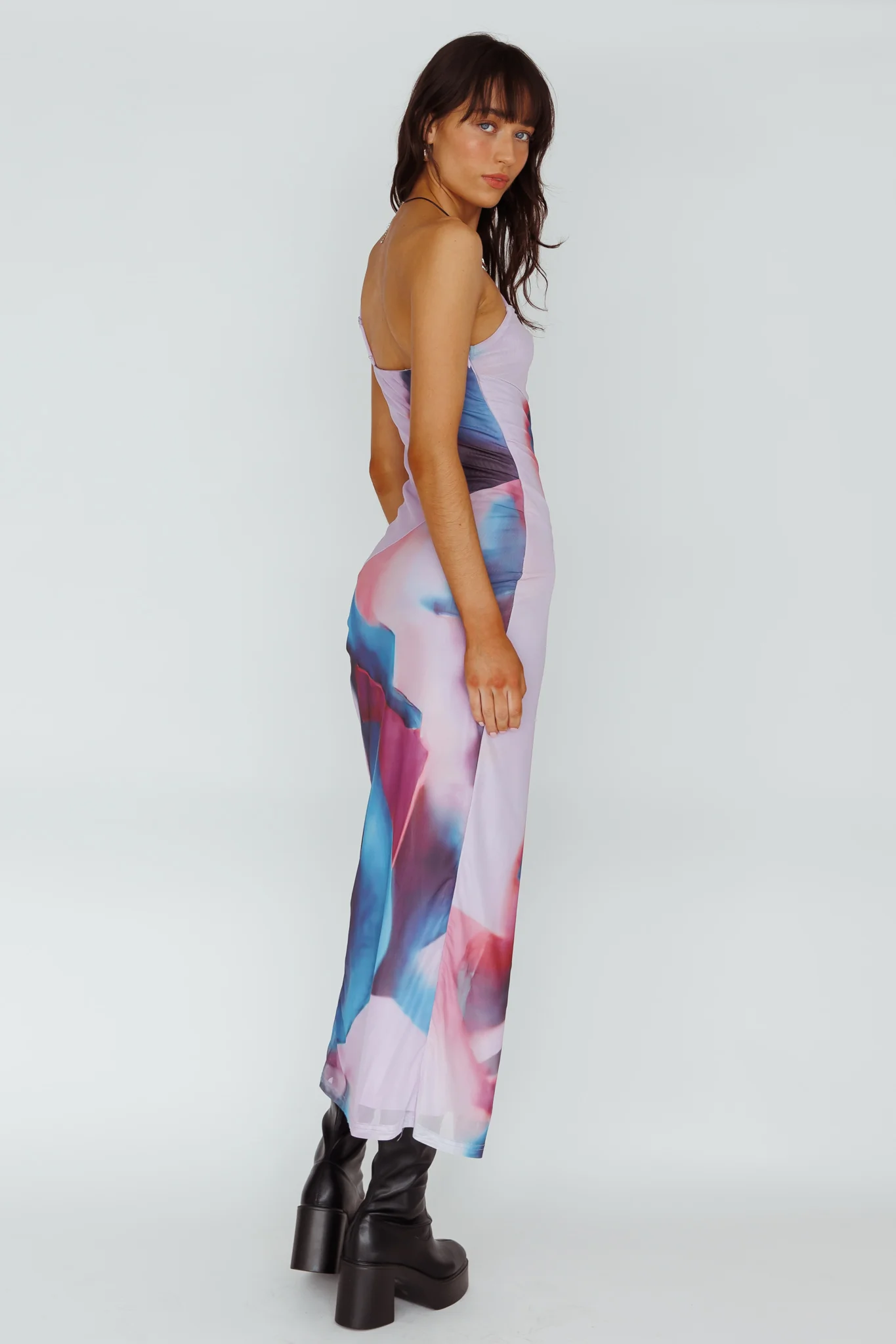 Martine One Strap Mesh Midi Dress Print Plum - Seraphlike