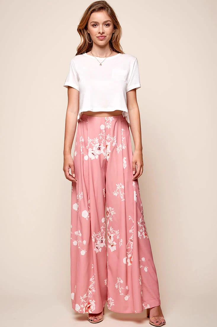 Kaya Wide Leg Floral Pants Blush - Seraphlike