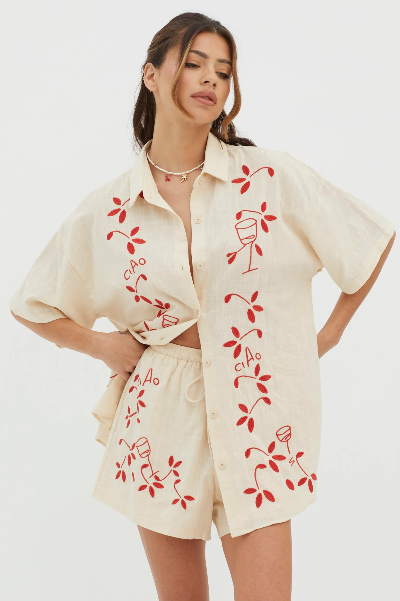 Ciao Ciao Embroidered Drawstring Shorts Oat - Seraphlike