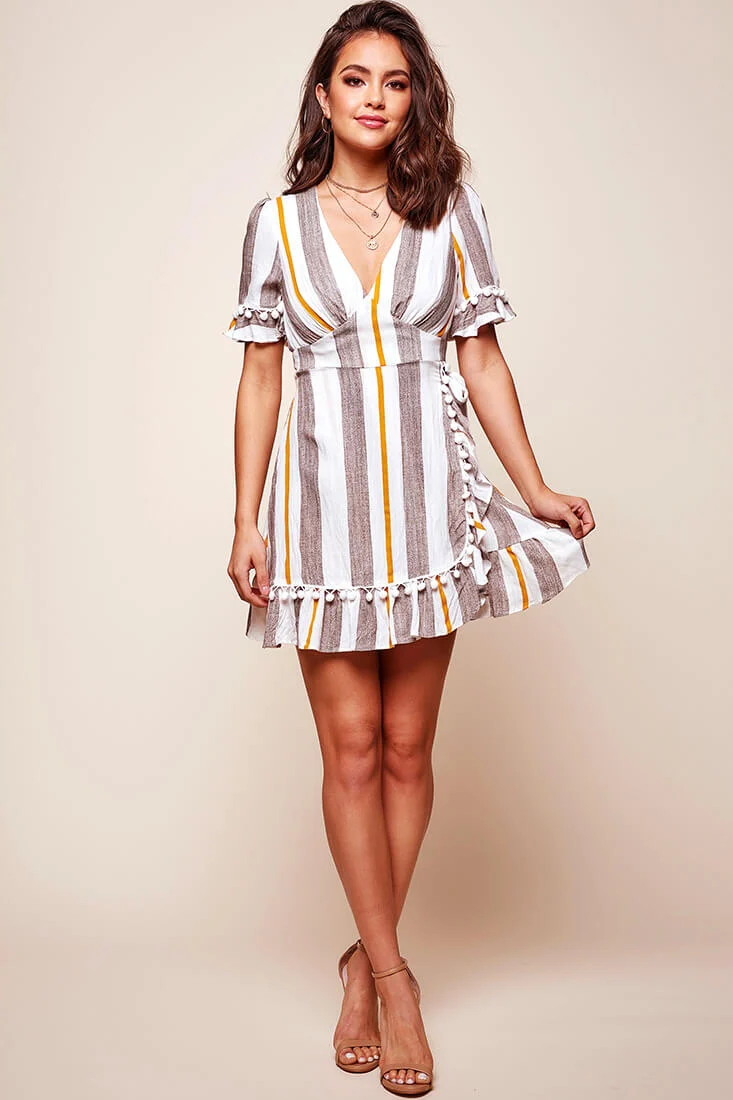 Kristen-Lee Striped Waist Tie Dress Beige & Mustard - Seraphlike