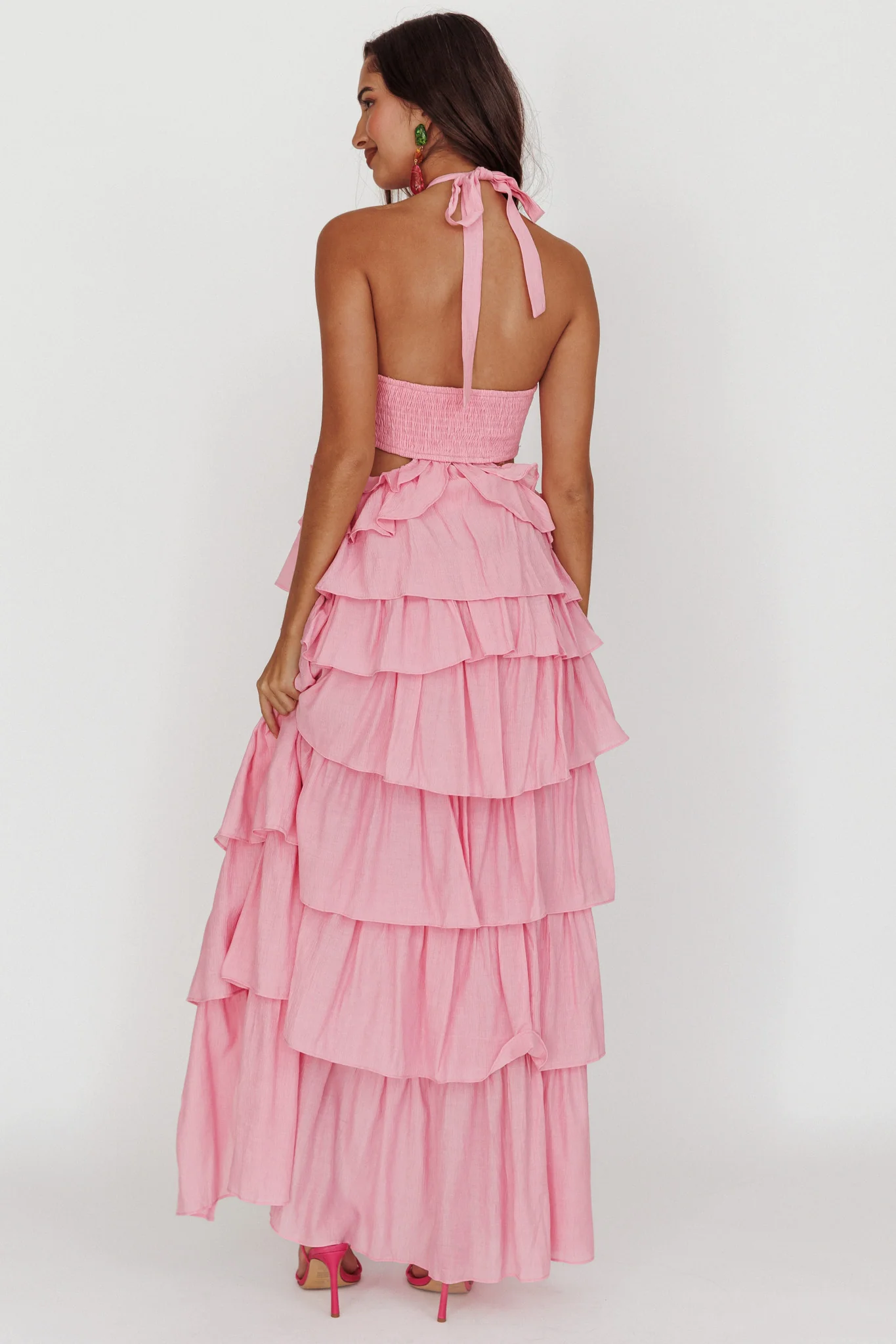 Morpheus Ruffle Halterneck Maxi Dress Pink - Seraphlike