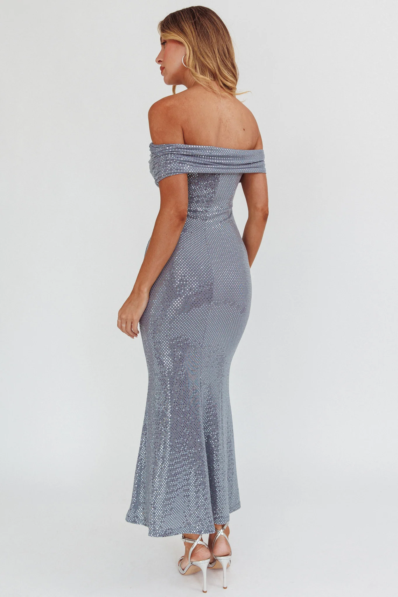 Kailey Off-Shoulder Maxi Dress Spangle Silver - Seraphlike