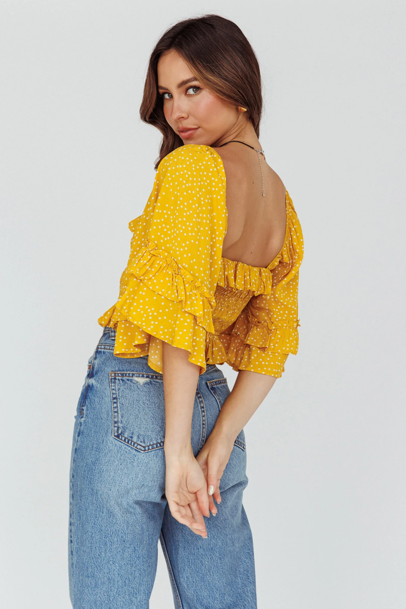 Boardwalk Bell Sleeve Crop Top Spotty Mustard - Seraphlike