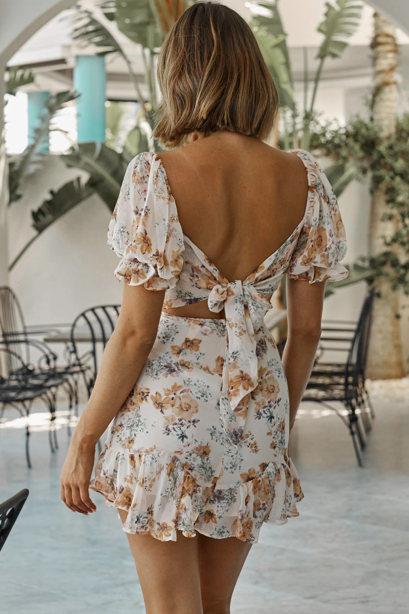 Dearly Beloved Puff Sleeve Frill Hem Dress Floral Print Beige - Seraphlike