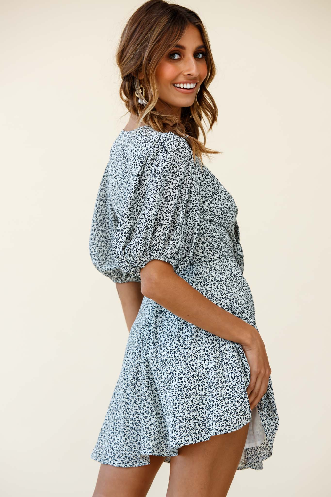 Portia Tied Bust Puff Sleeve Dress Floral Print White - Seraphlike