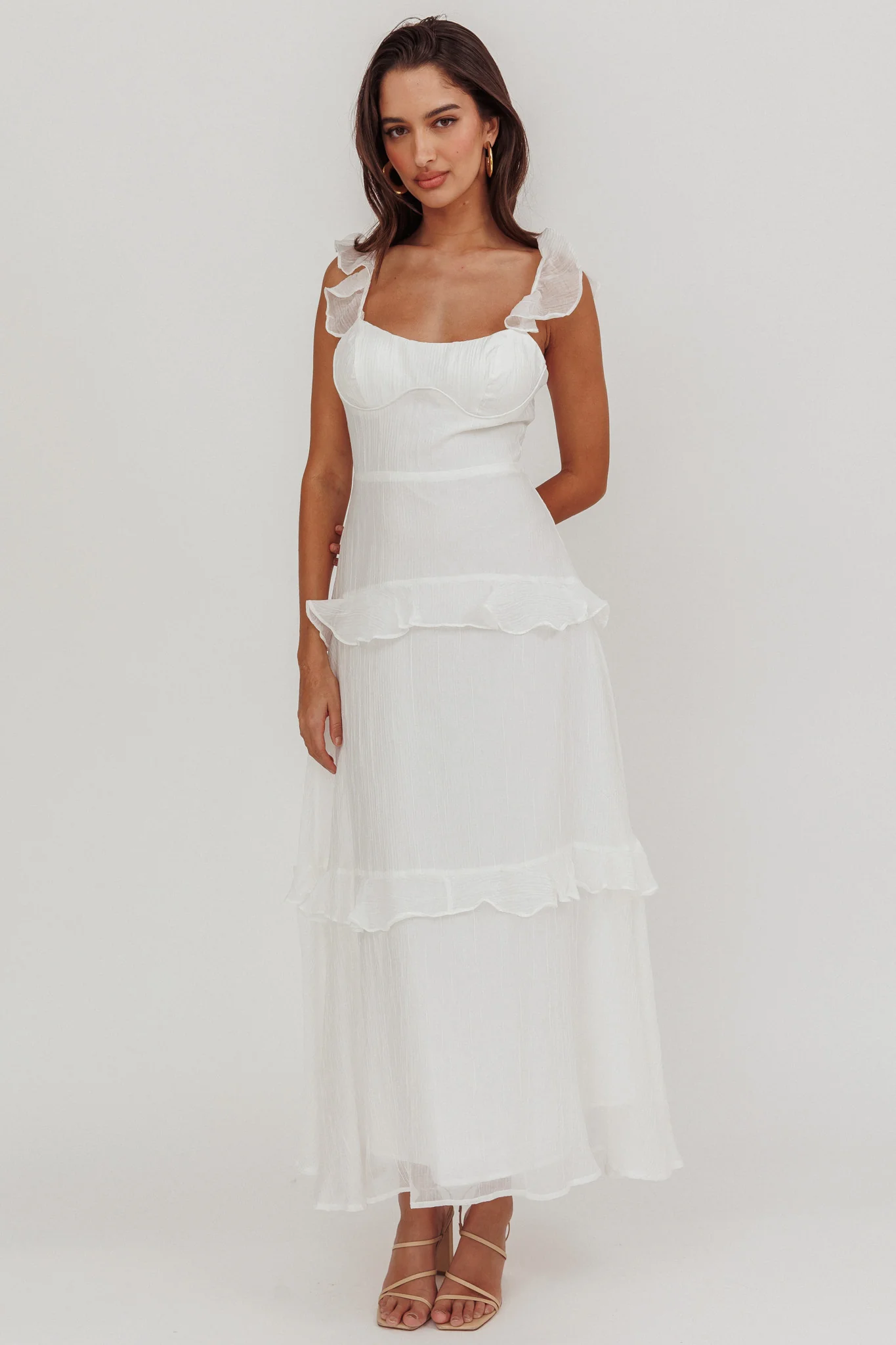 Moonlit Moment Ruffle Trim Lace-Up Back Maxi Dress White - Seraphlike