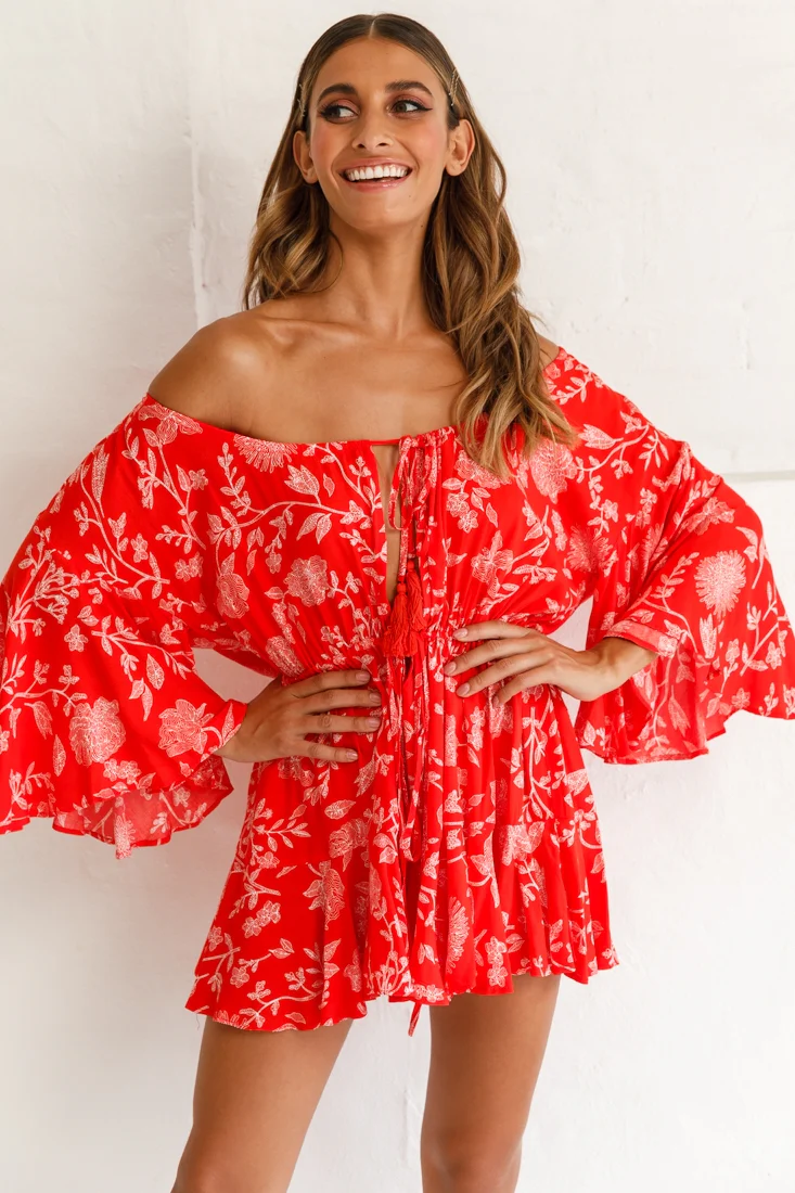 Fiona Drawstring Floral Romper Red - Seraphlike
