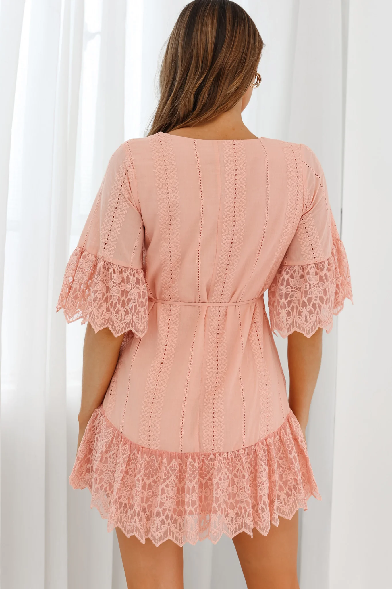 Karissa Lace Trim Waist Tie Tunic Dress Blush - Seraphlike