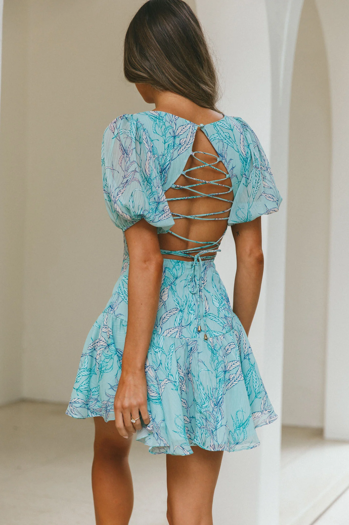 Petite Cherie Puff Sleeve Lace-Up Back Dress Leaf Print Mint - Seraphlike