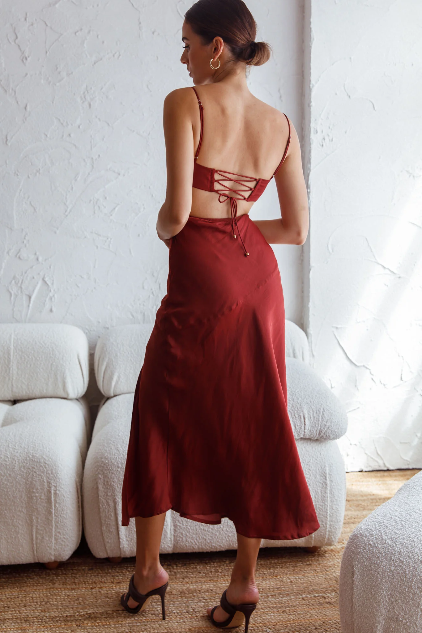 Fondest Memories Ruched Drawstring Bust Lace-Up Back Midi Dress Brown - Seraphlike