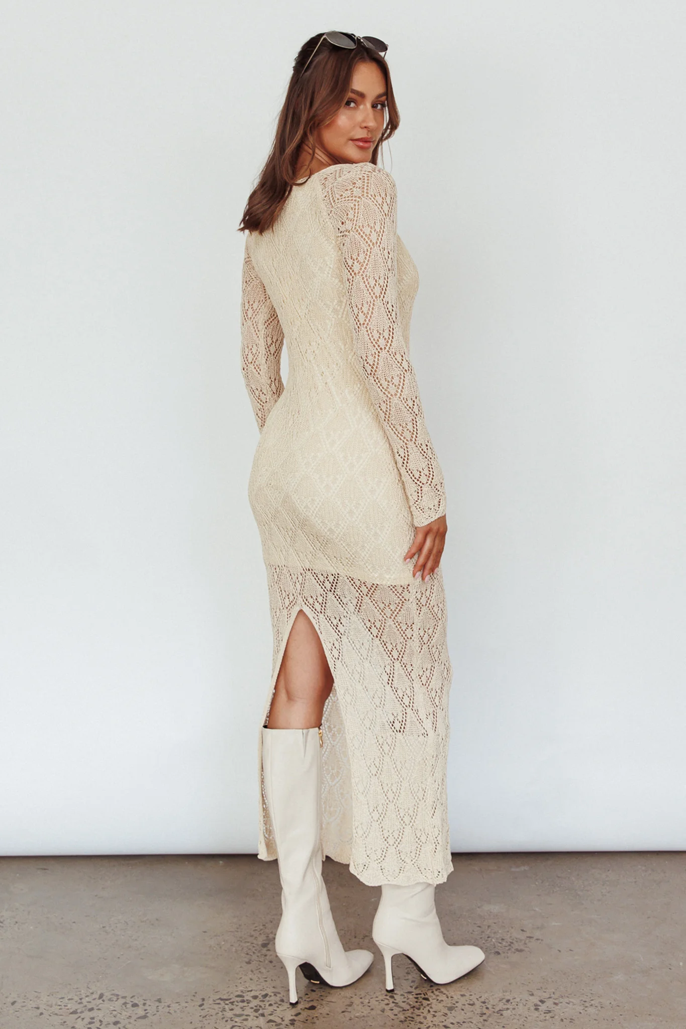 Happy Place Long Sleeve Crochet Midi Dress Beige - Seraphlike