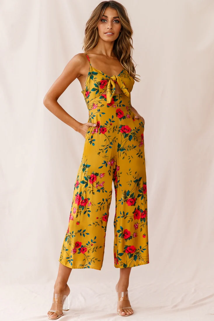 Call Me Wide-Leg Tied Bust Jumpsuit Floral Print Mustard - Seraphlike