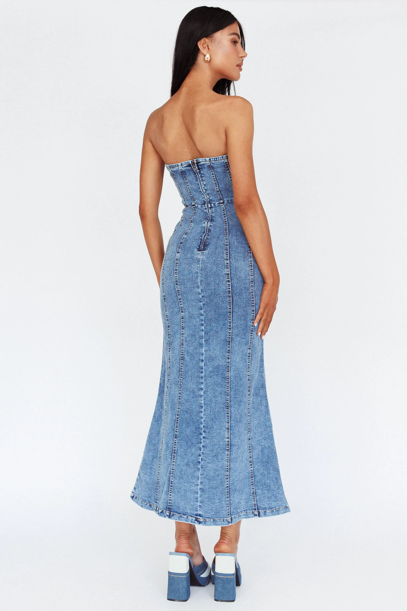 Horizon Strapless Wavy Neckline Midi Denim Blue - Seraphlike