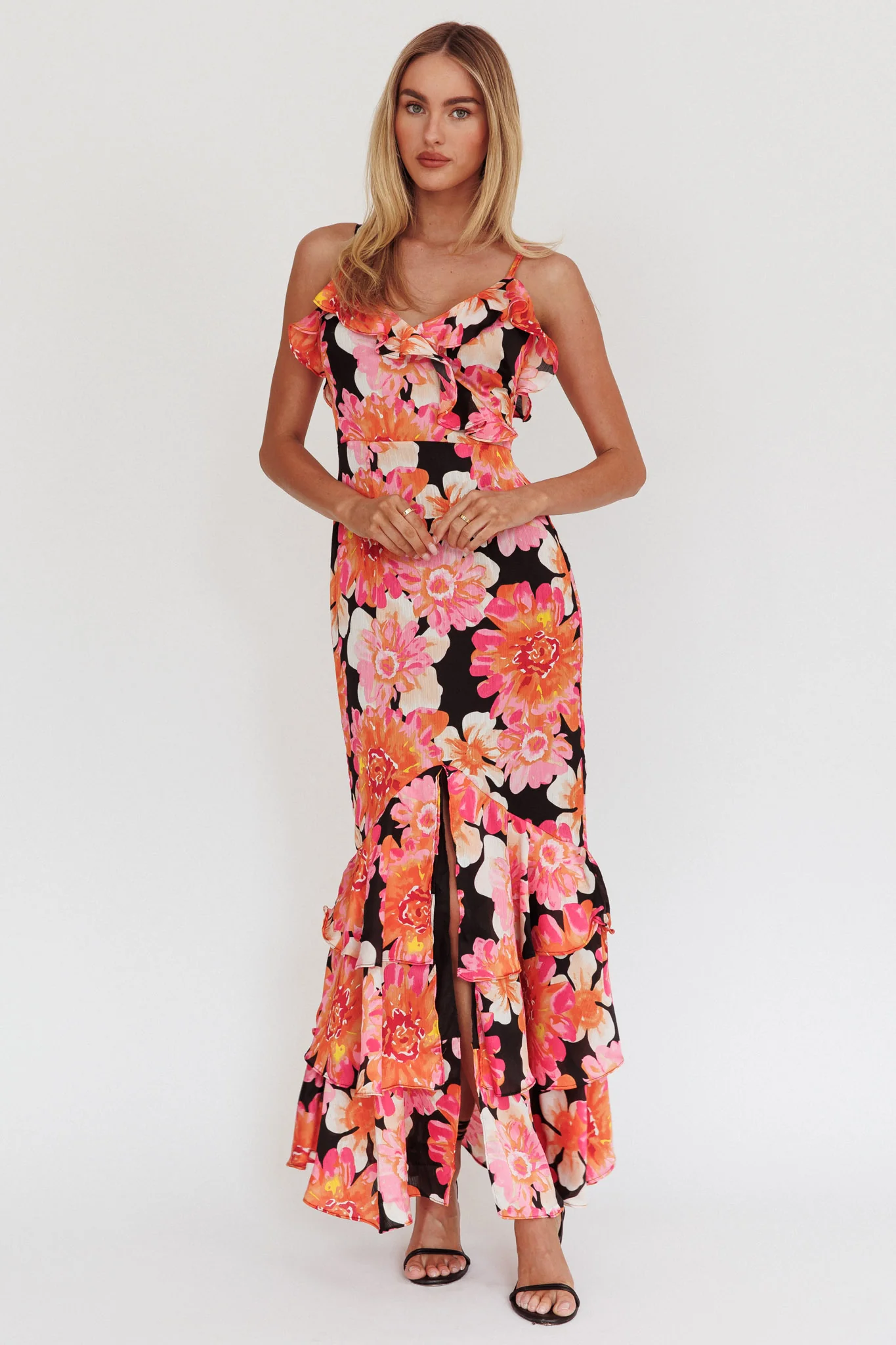 Silvana Frill Trim Maxi Dress Black/Pink - Seraphlike