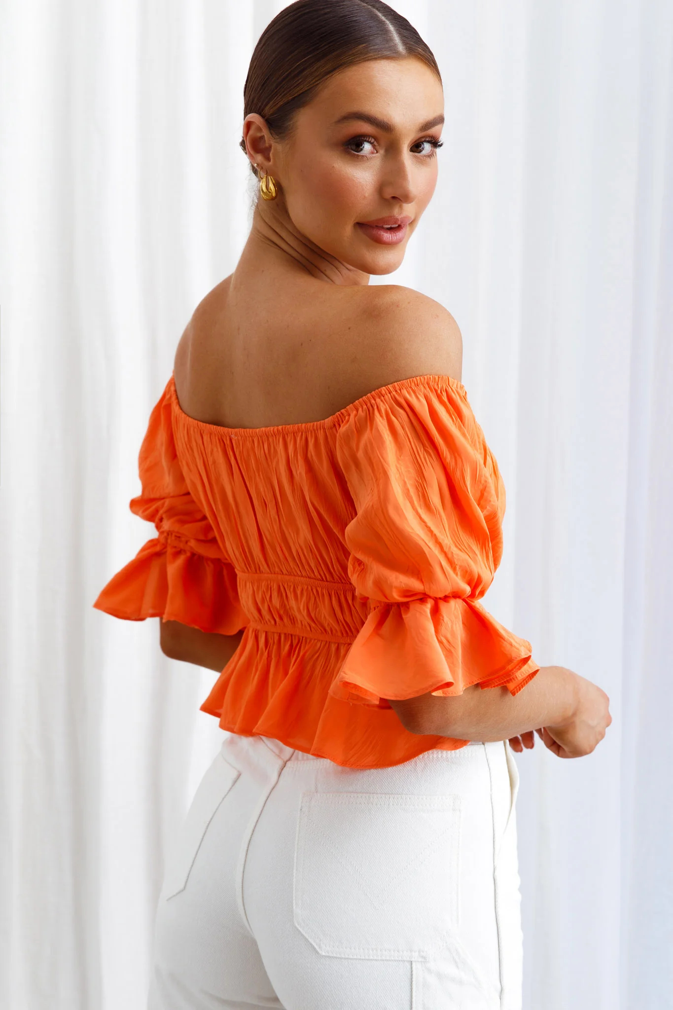 Josephina Off-Shoulder Lace-Up Front Crop Top Neon Orange - Seraphlike