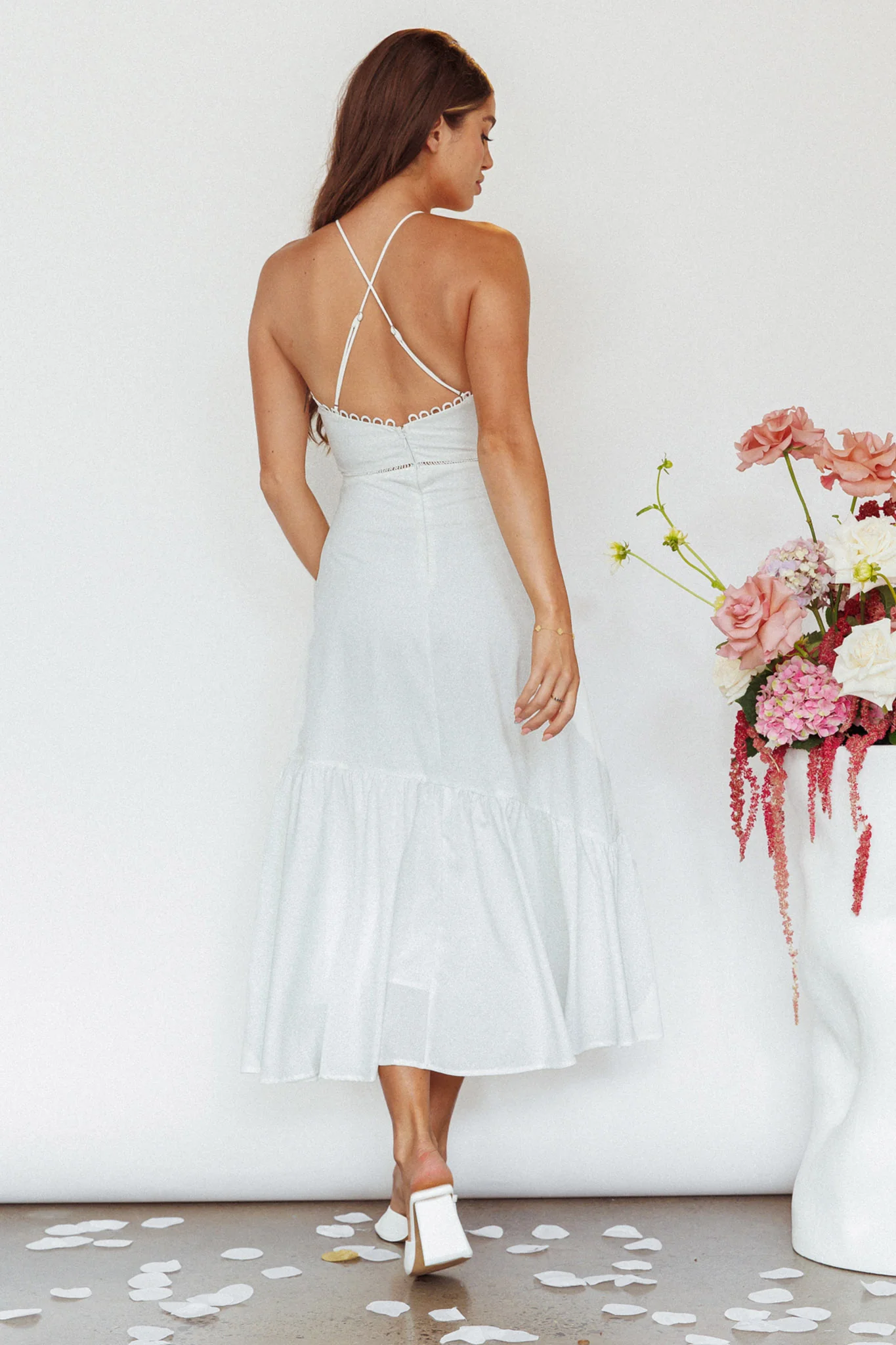 Felini Criss-Cross Back Flounce Midi Dress White - Seraphlike