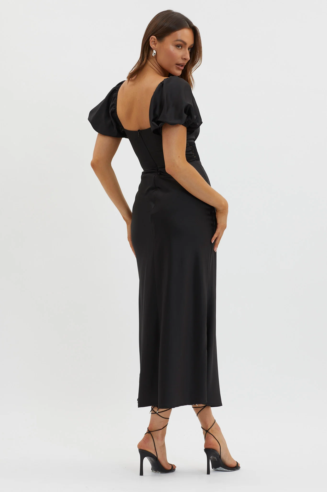 Allianna Puff Sleeve Lace Waist Midi Dress Black - Seraphlike