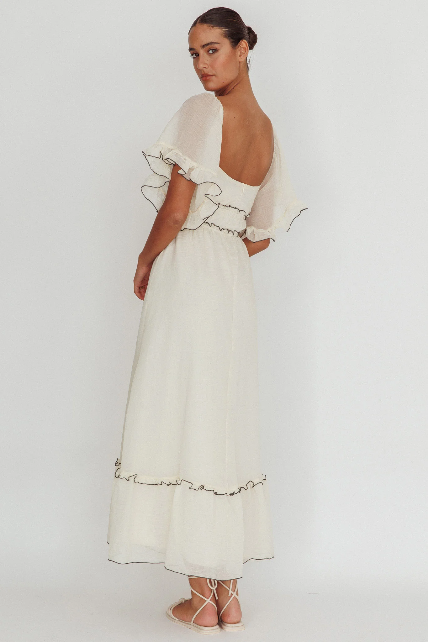 Kathlene Flutter Sleeves Maxi Dress Cream - Seraphlike