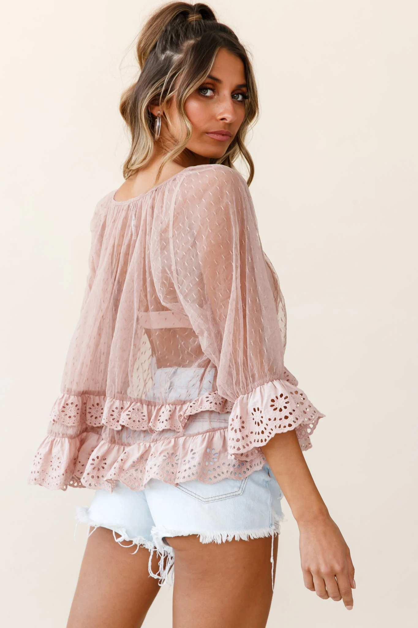 Kiana Adjustable Neckline Tie Hail Spot Mesh Top Mocha - Seraphlike