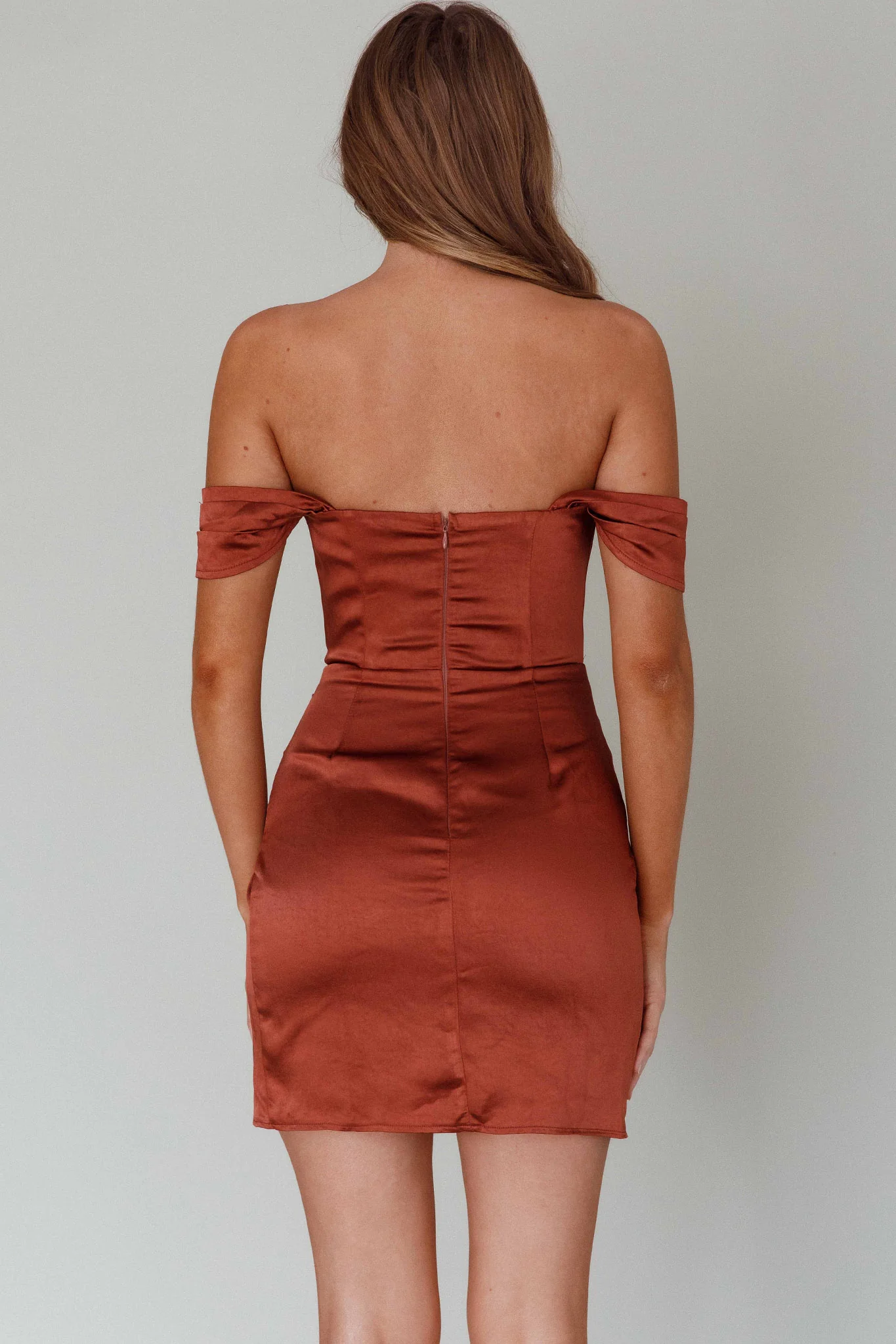 Night To Remember Off-Shoulder Satin Dress Chocolate - Seraphlike