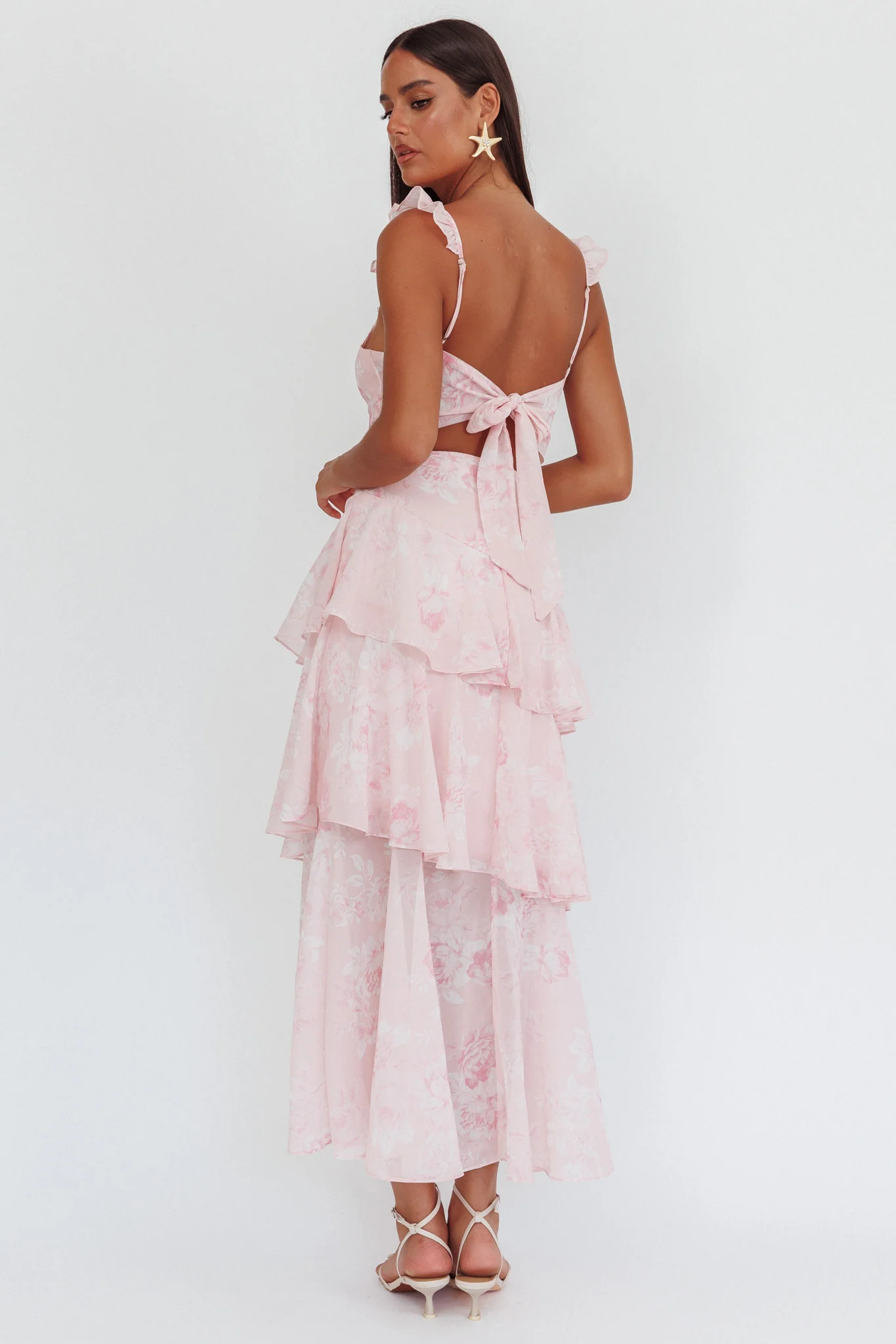 Veda Ruffle Strap Split Maxi Dress Roses Blush - Seraphlike