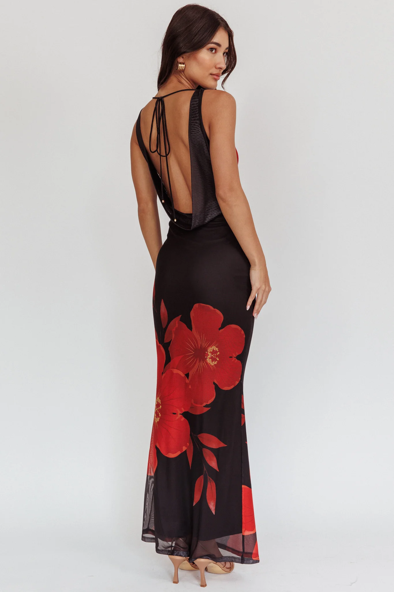 Cassiopeia Open Back Maxi Dress Hibiscus Black - Seraphlike
