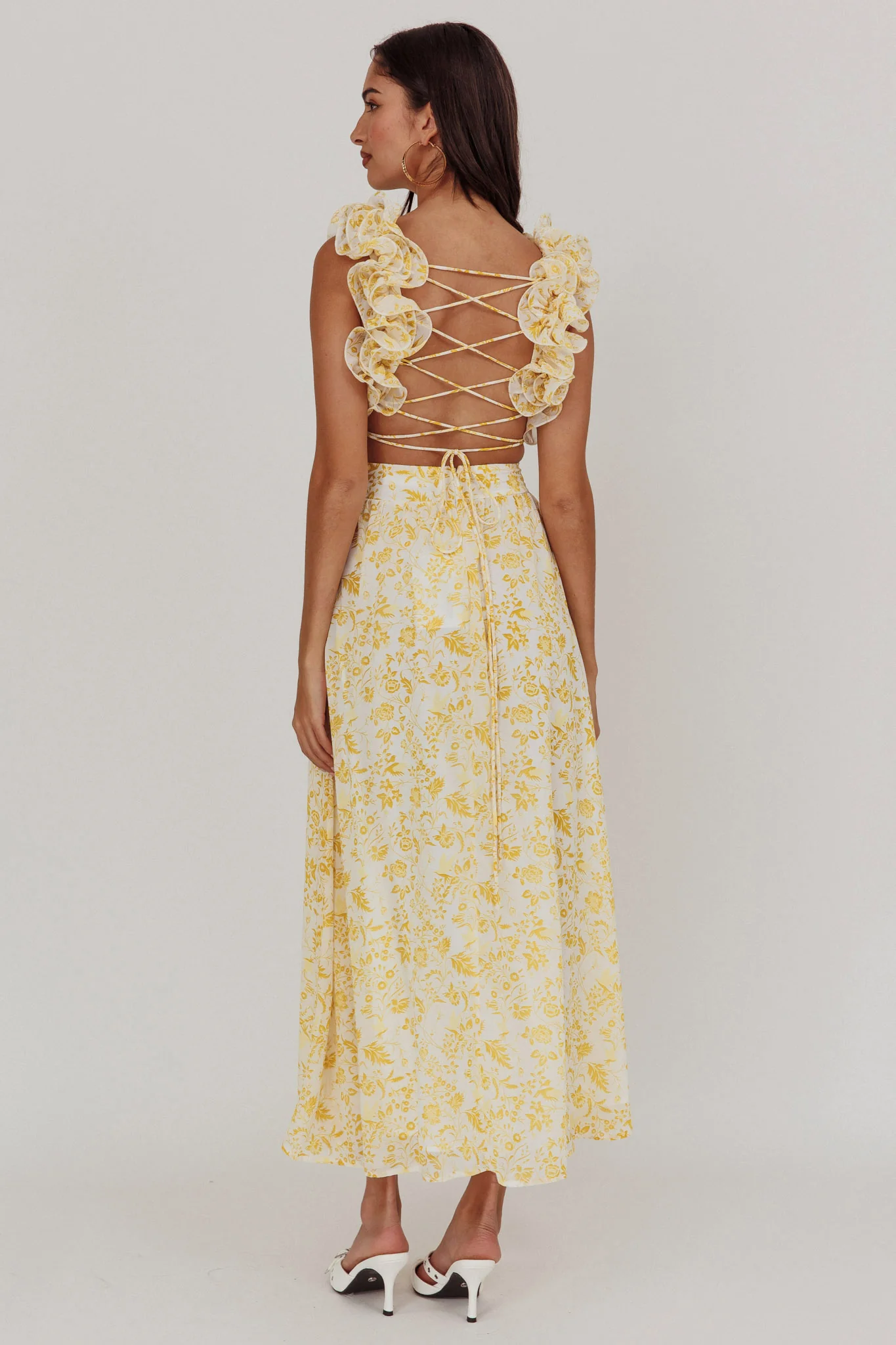 Madara Lace-Up Back Maxi Dress Floral Yellow - Seraphlike