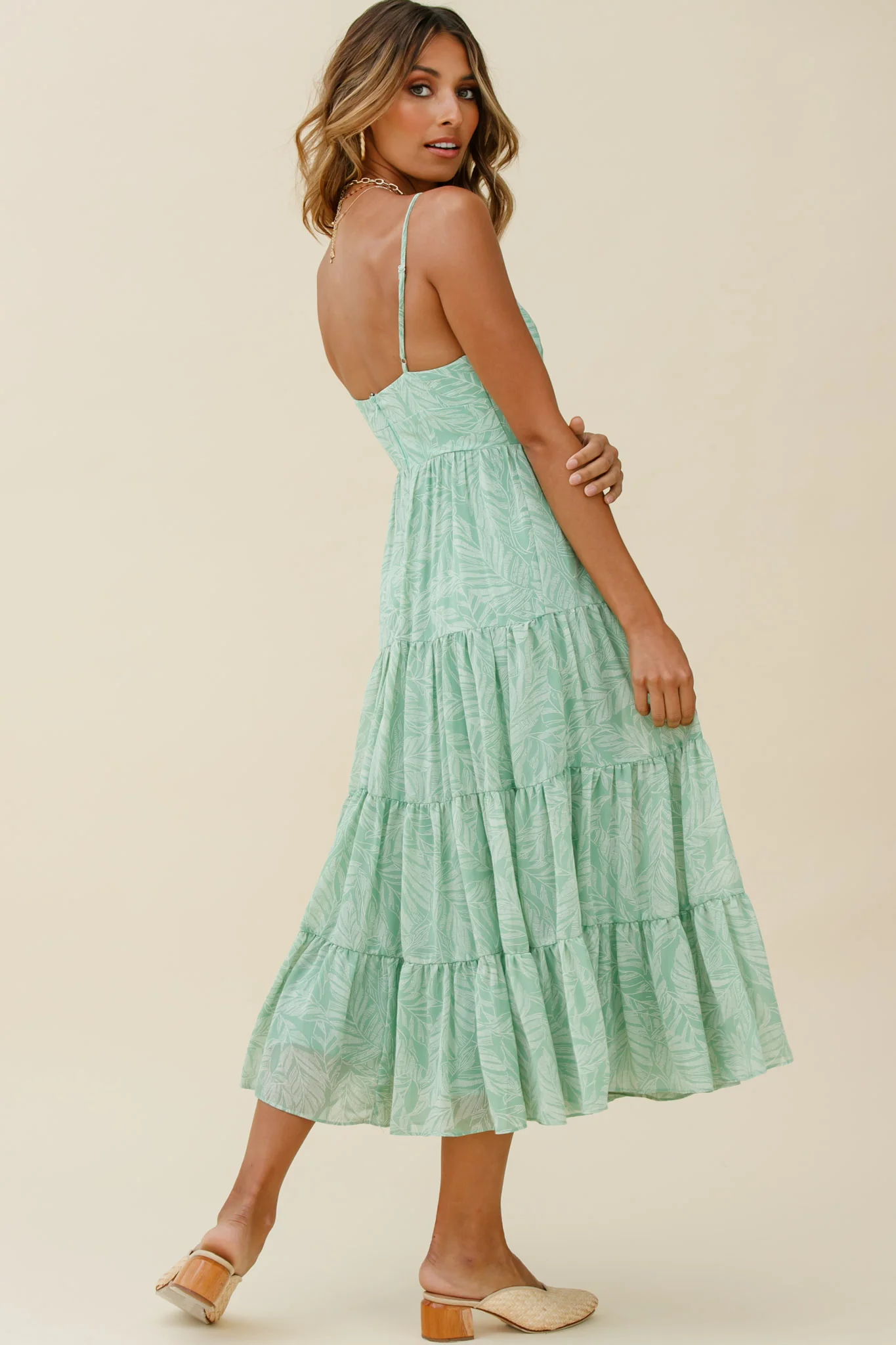 Eternal Sunshine Gathered Bust Maxi Dress Leaf Print Green - Seraphlike