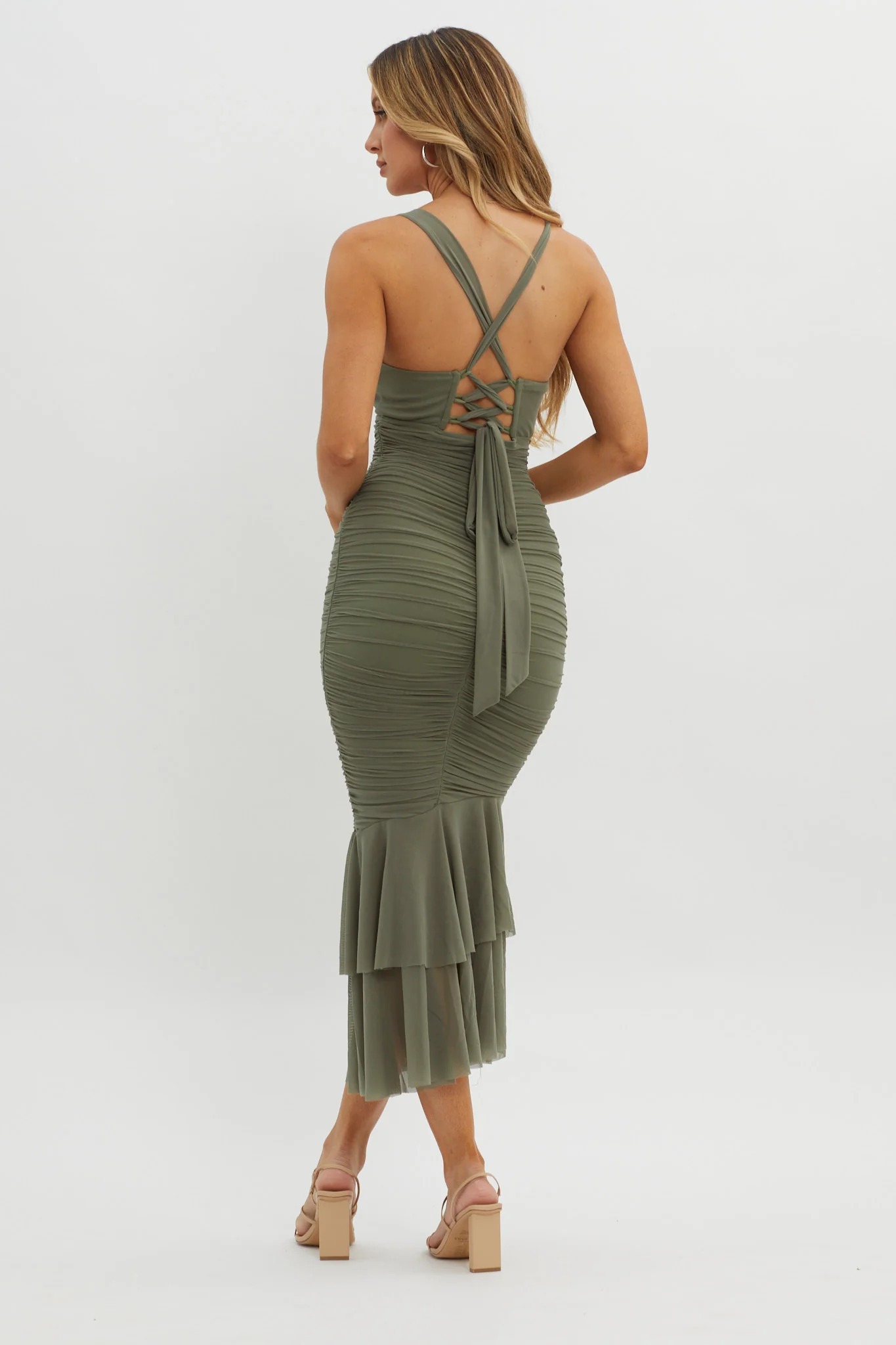 Surreal Lace-Up Back Ruched Midi Dress Olive - Seraphlike