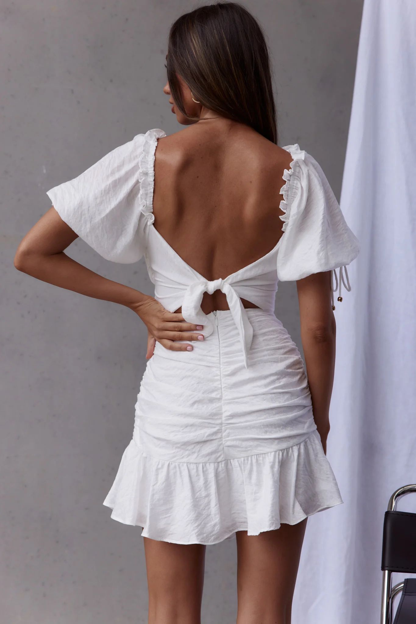 Mariel Puff Sleeve Crossover Bust Tied Back Mini Dress White - Seraphlike
