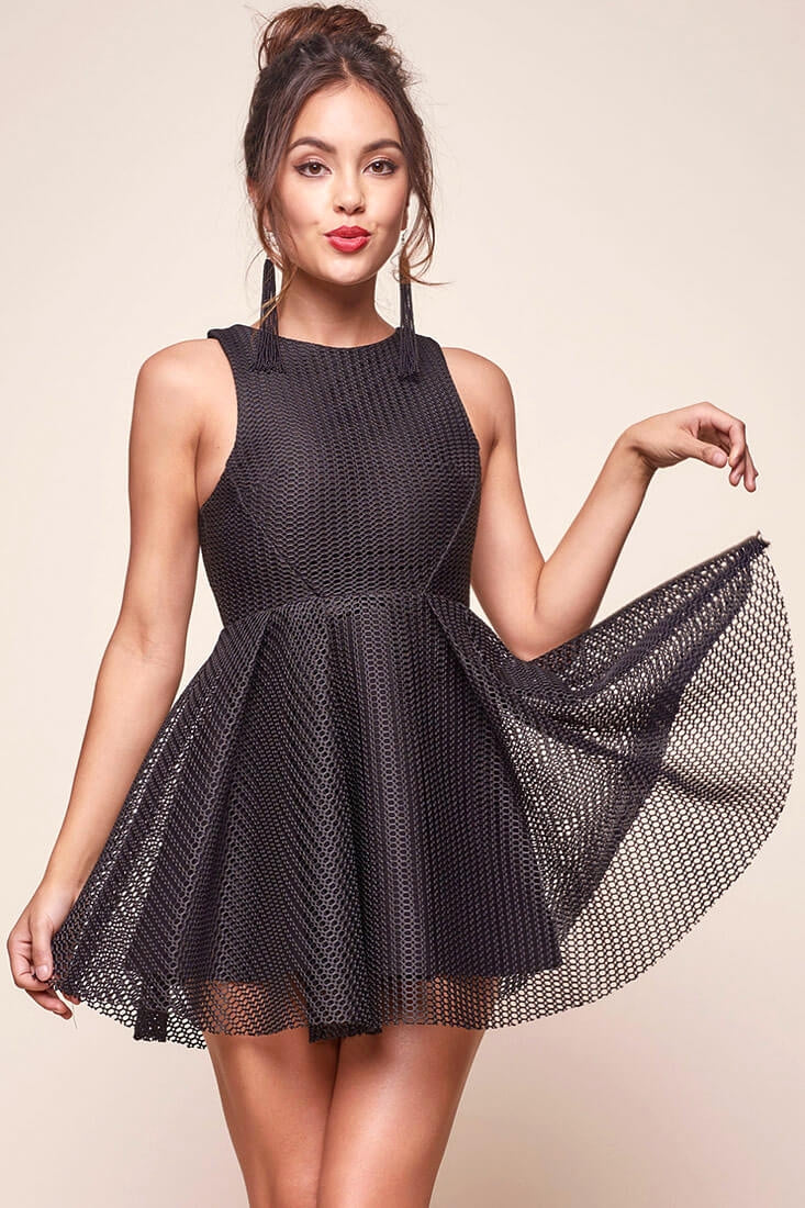 Idina Mesh Overlay Holiday Dress Black - Seraphlike