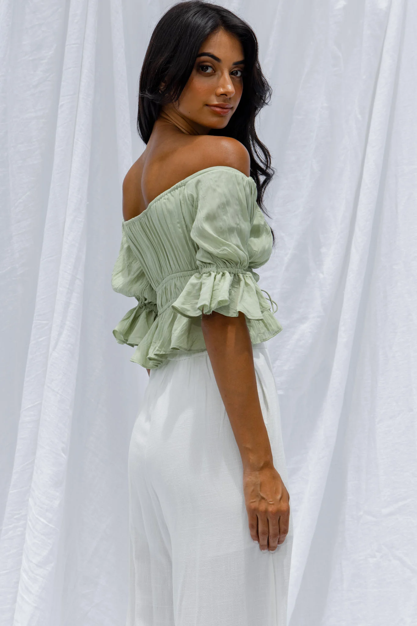 Josephina Off-Shoulder Lace-Up Front Crop Top Apple - Seraphlike