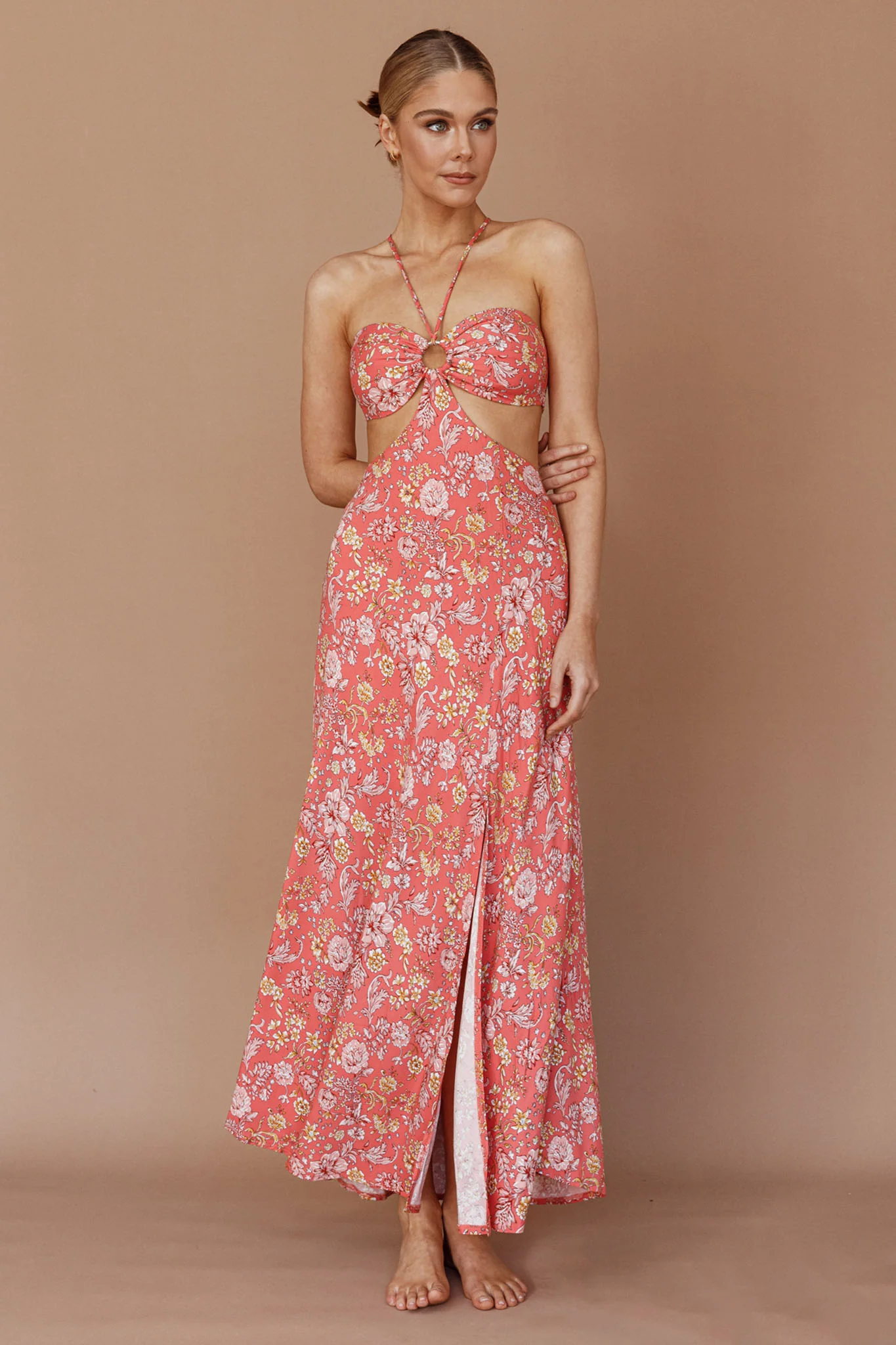 Amorcito Cut-Out Waist Midi Dress Floral Red - Seraphlike