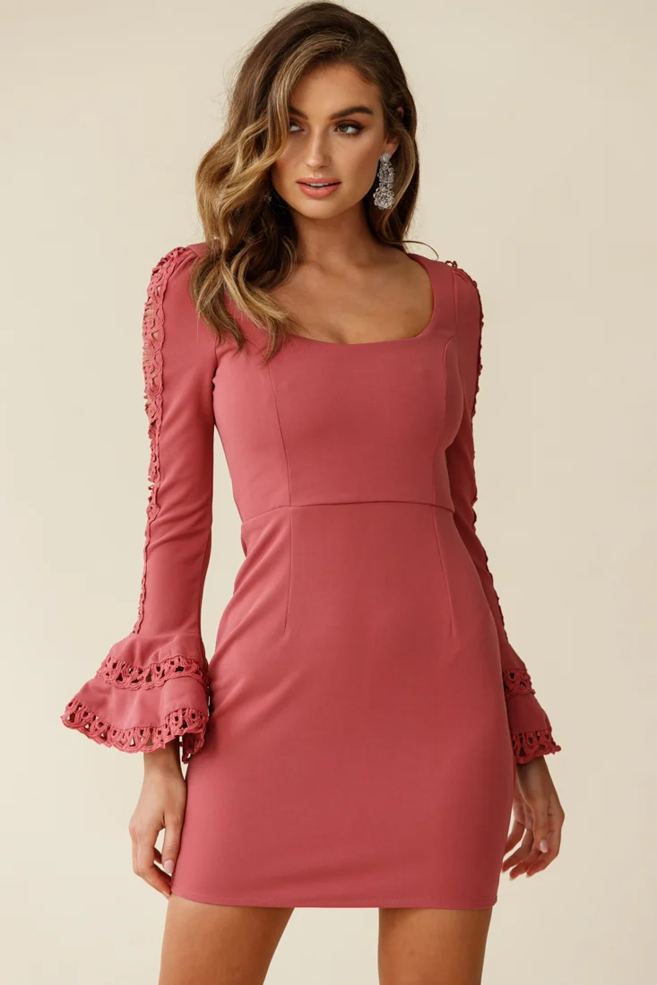 Jules Long Sleeve Flared Cuff Crochet Detail Dress Rose - Seraphlike