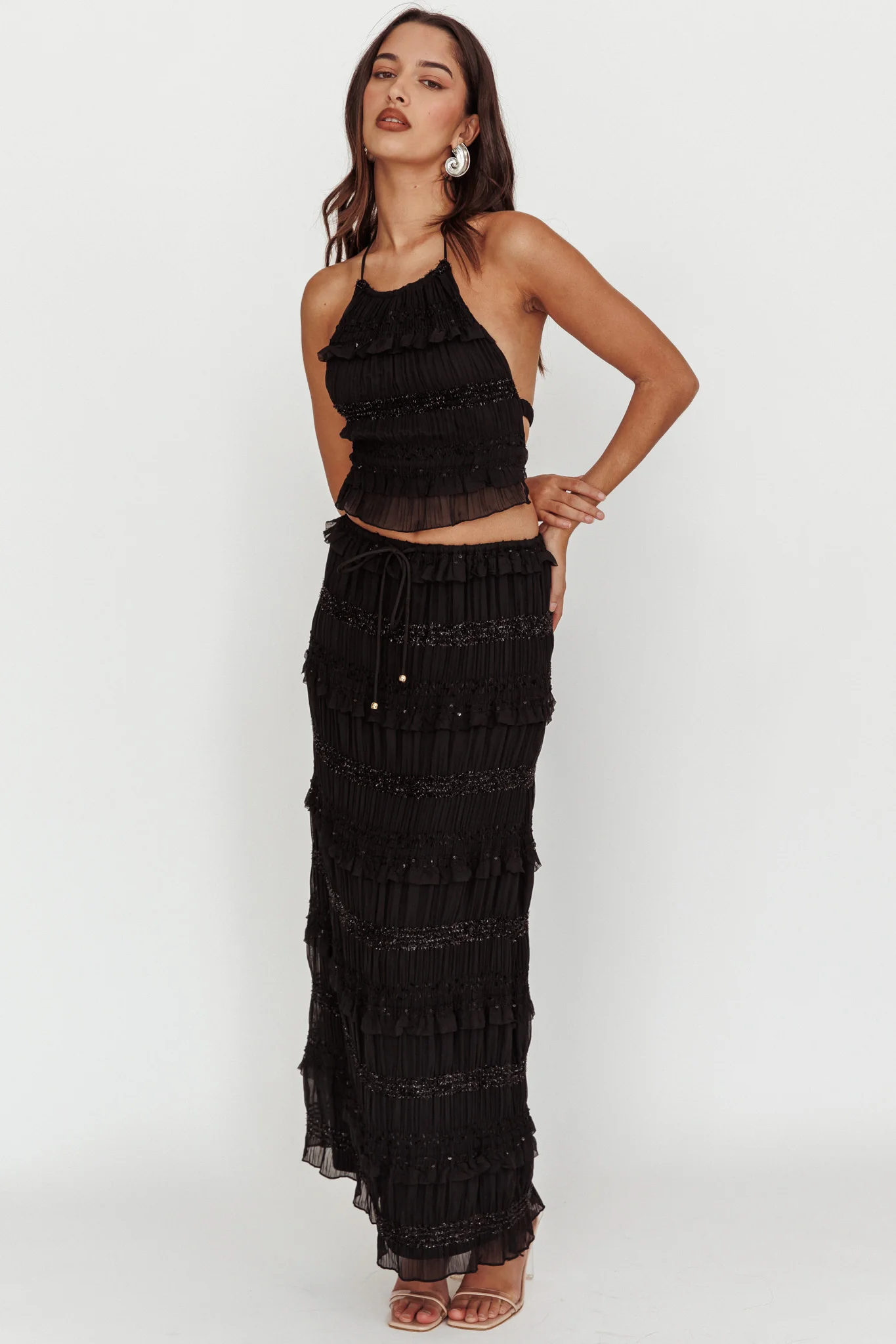 Helios Shirred Sequin Maxi Skirt Black - Seraphlike