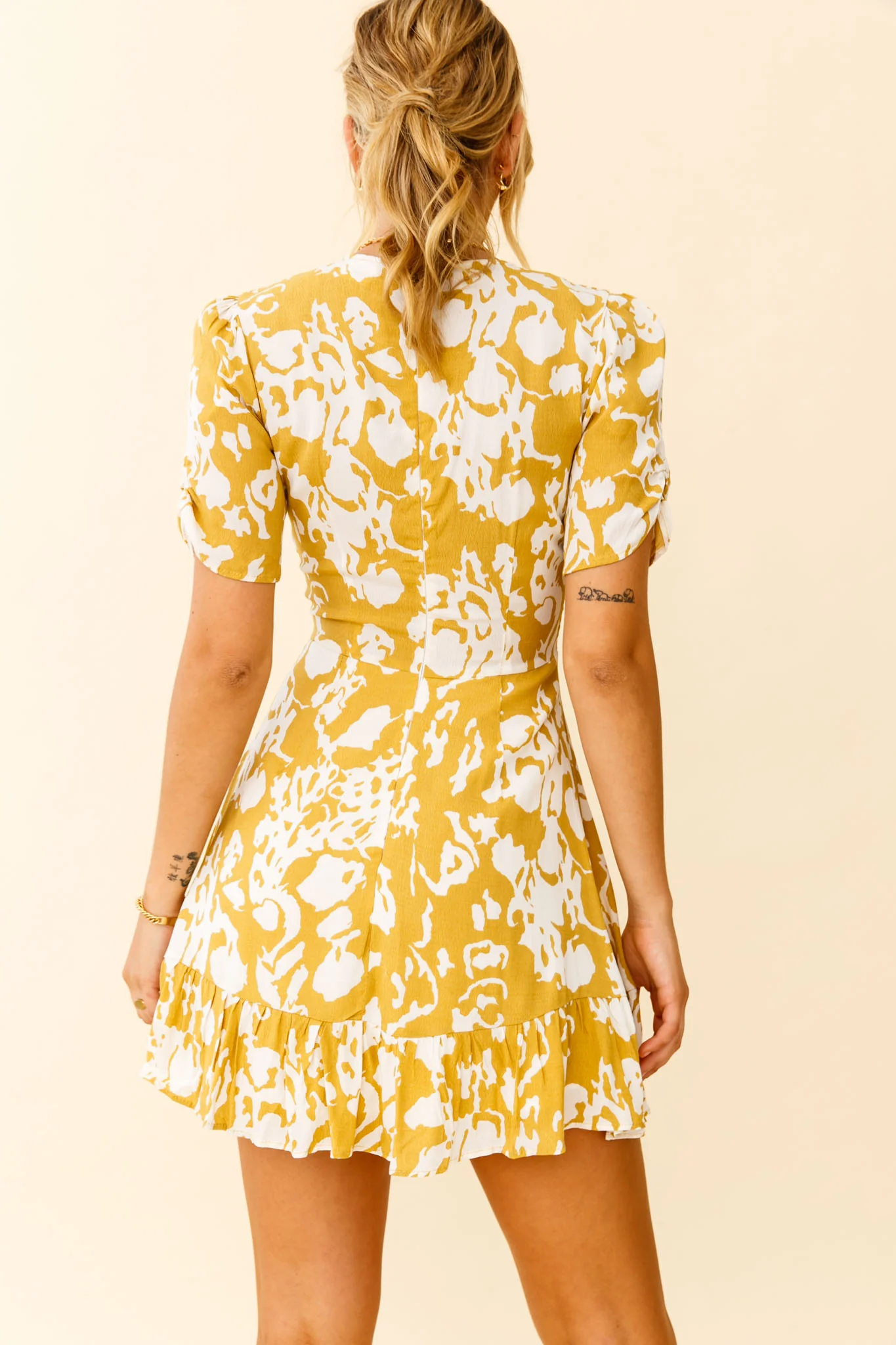 Georgina Ruched Sleeve Tea Dress Stencil Print Mustard - Seraphlike