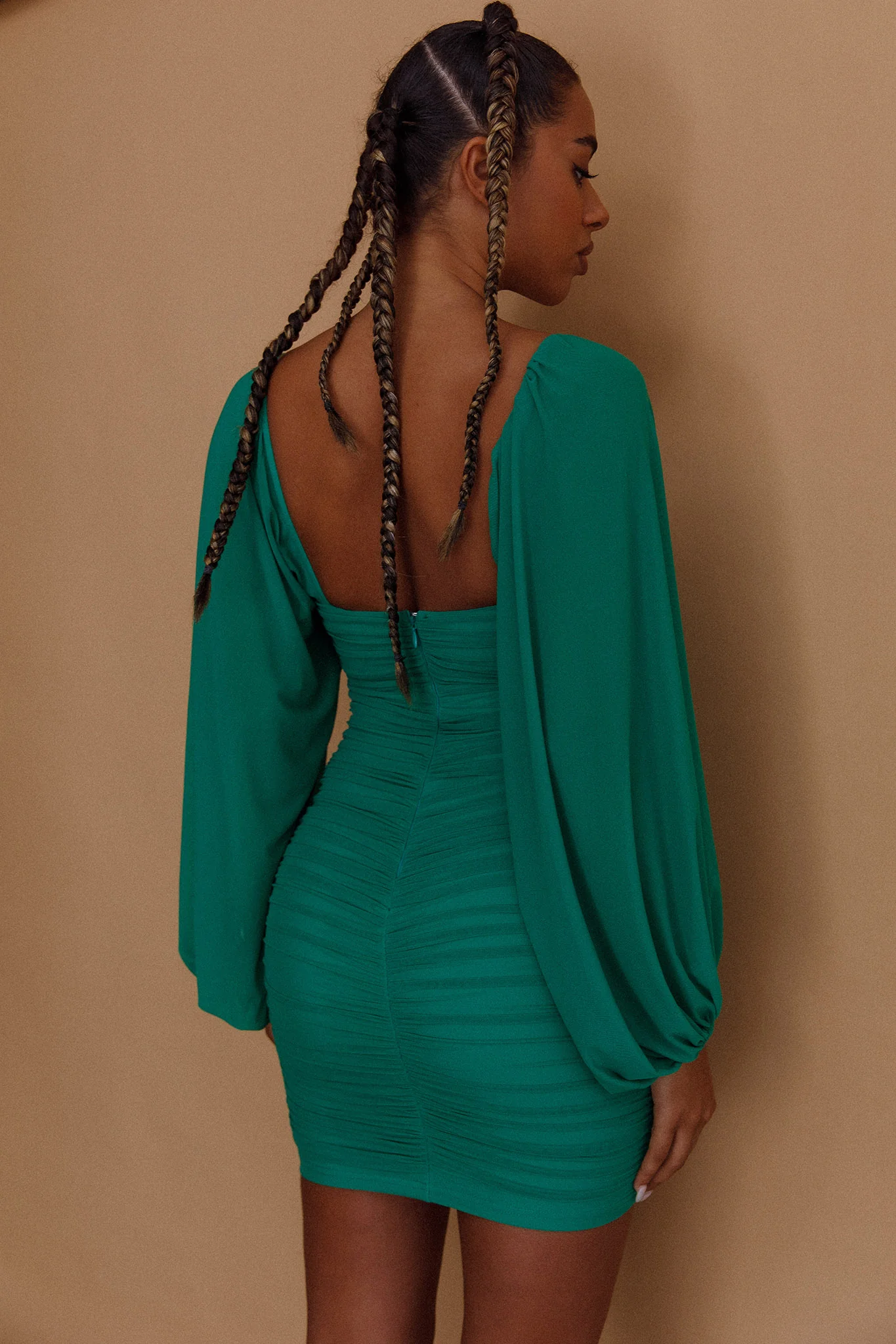 Good Vibes Long Sleeve Deep V-Neckline Ruched Mini Dress Green - Seraphlike