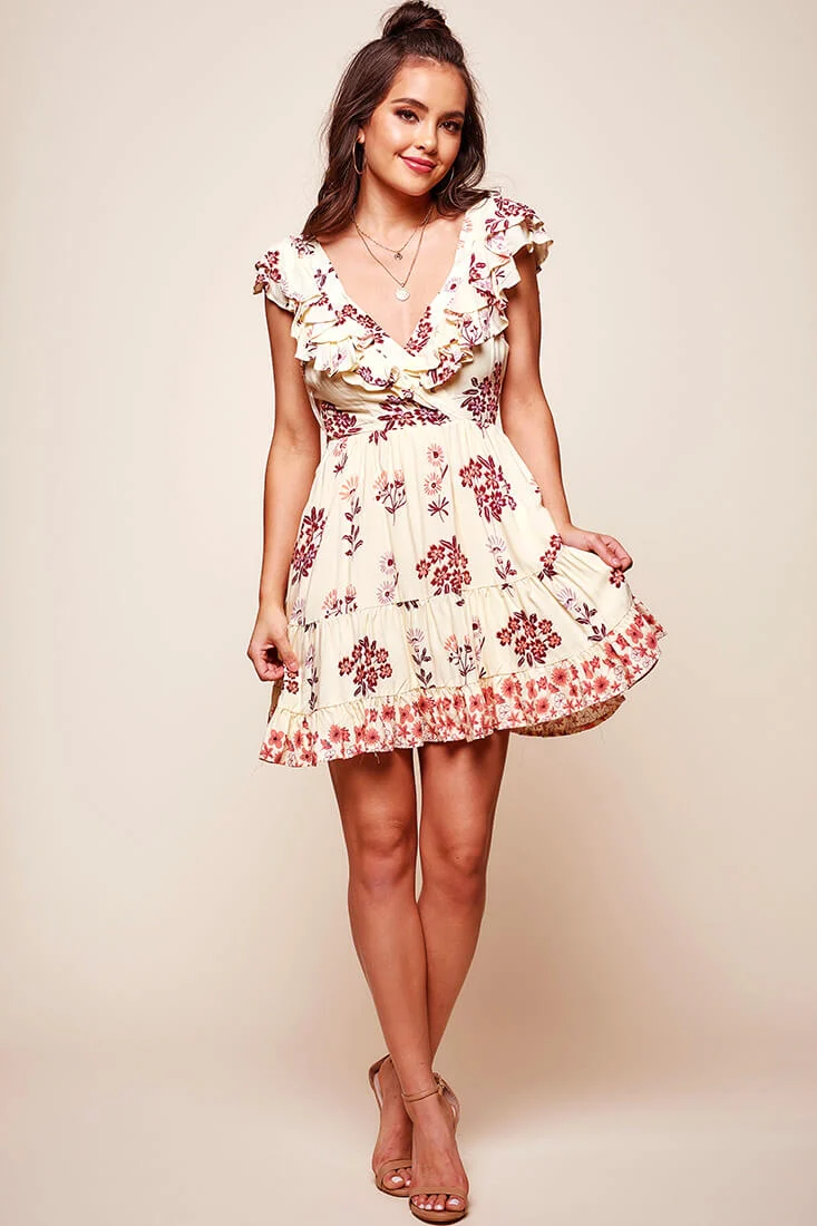 Flora Ruffle V-front Babydoll Dress Beige - Seraphlike