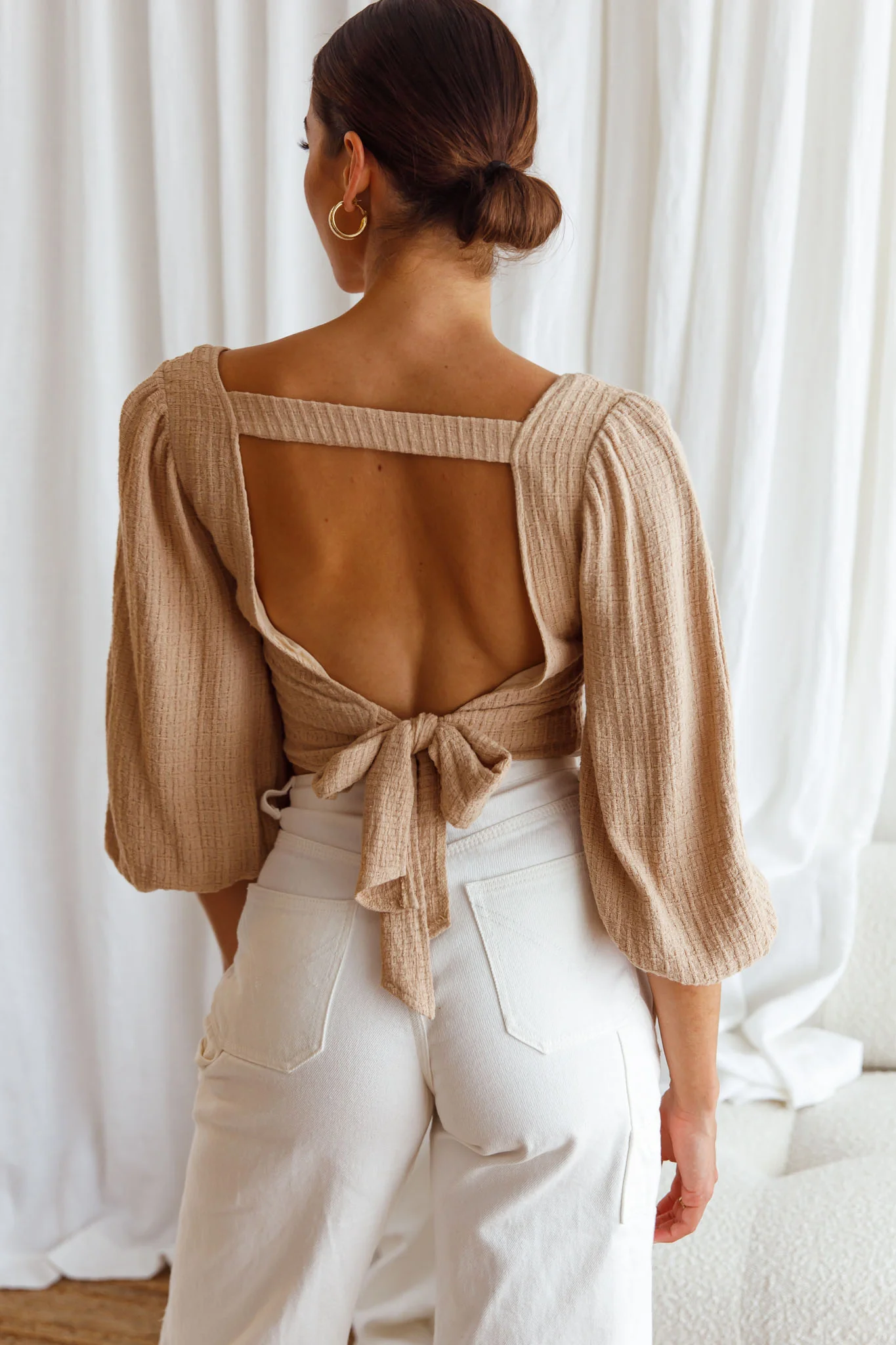 Love Like This Balloon Sleeve Open Back Crop Top Textured Beige - Seraphlike