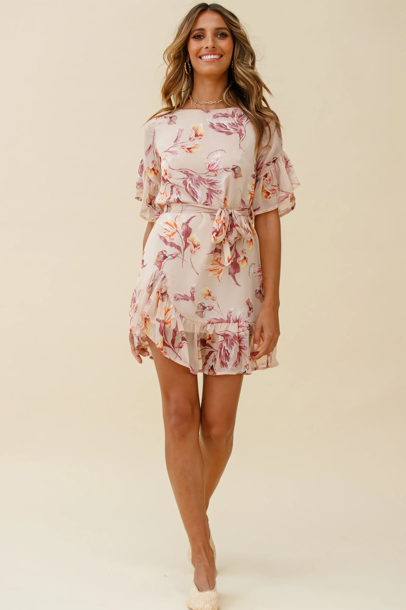 Azealia Ruffle Hem Dress Botanic Print Beige - Seraphlike